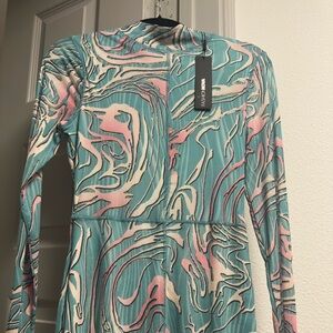 Abstract Patterned Dress in Teal and Pink